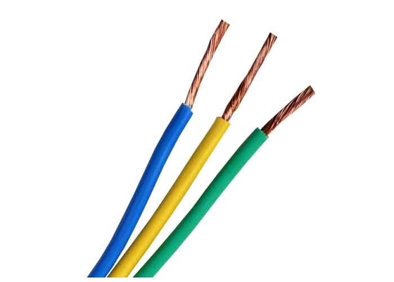 Electrical power cable close up. IEC standard color code. Cross-section  with cable jacket, wire insulations in brown, blue and yellow-green color  with flexible stranded copper wires. Macro photo. Stock Photo